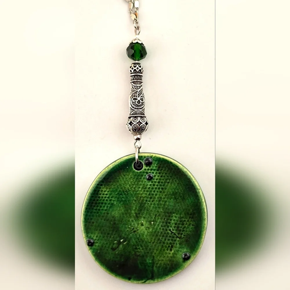 Handmade Kiln Fired Green Ceramic Beaded Christmas Ornament with Silver Chain
